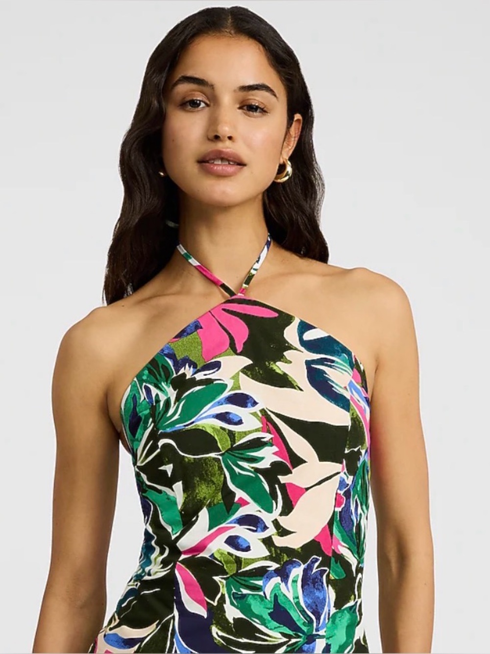 Express Cotton Tropical Flower Poplin Printed Tie Halter Smocked Back Tank
